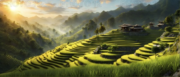 Early morning light bathes Philippines rice terraces cascading down mountain slopes, AI generated