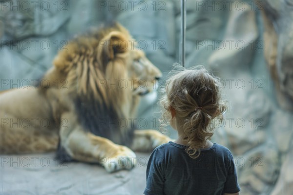 Young girl child watching lion in zoo behind glass. Generative AI, AI generated