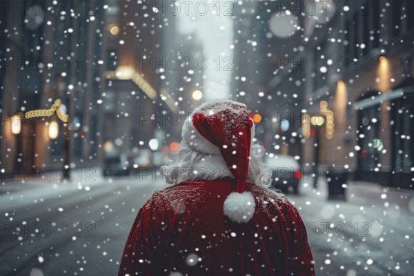 Back view of Santa Claus with red hat and cloak and snow in blurry city in background. Generative