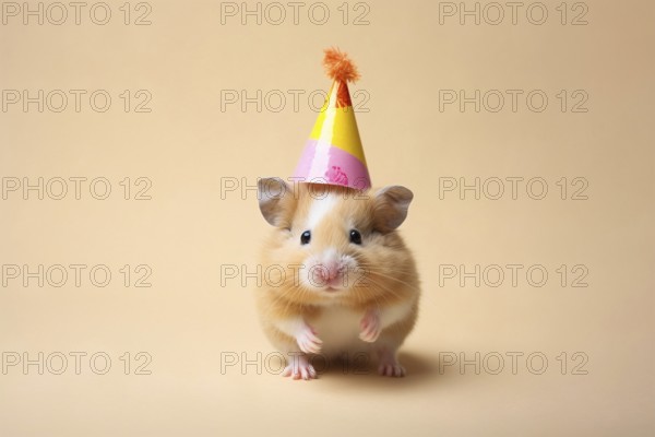 Small cute hamster with birthday party hat. KI generiert, generiert AI generated