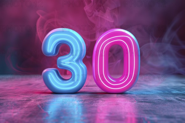 Neon pink and blue glowing number 30. KI generiert, generiert, AI generated