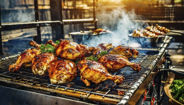 Food, grilled chicken pieces at a grill station, AI generated, AI generated