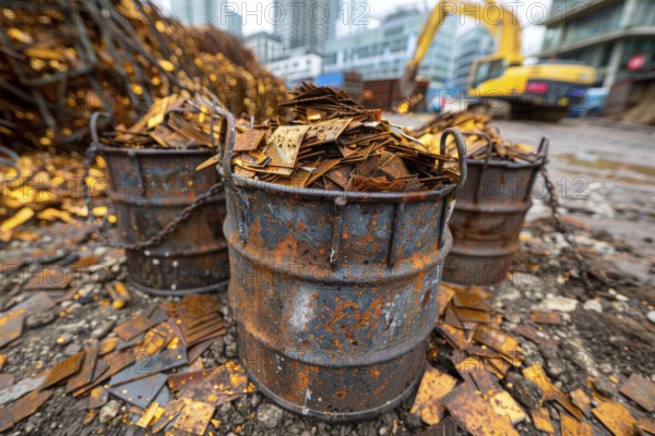 Scrap metal, in barrels in a scrap yard, recycling plant for metal utilisation, AI generated, AI