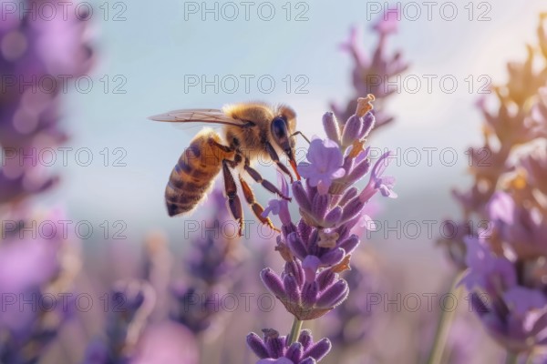 Bee, honey bee (Apis sp.) sitting on a lavender flower (Lavandula), AI generated, AI generated, AI