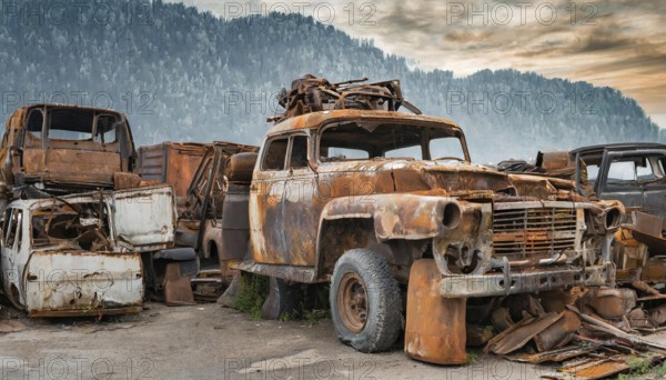 A collection of rusty, abandoned cars in a junkyard with a mountainous landscape in the background,