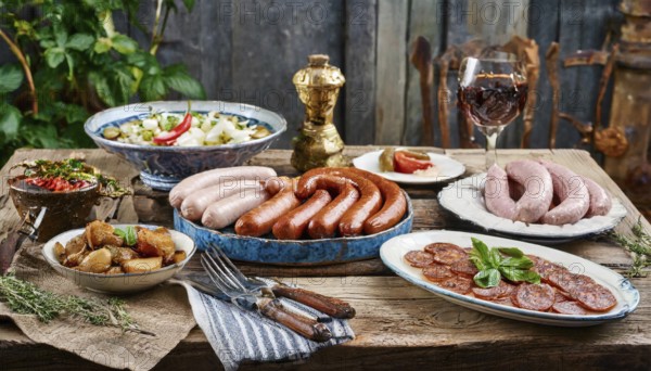 Food, dishes, different types of sausage on a rustic table, AI generated, AI generated