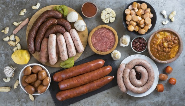 Food, dishes, different types of sausage on a table, AI generated, AI generated