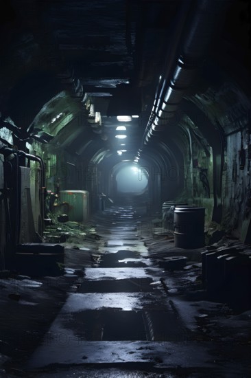 Abandoned underground bunker suggesting illegal nuclear waste, AI generated