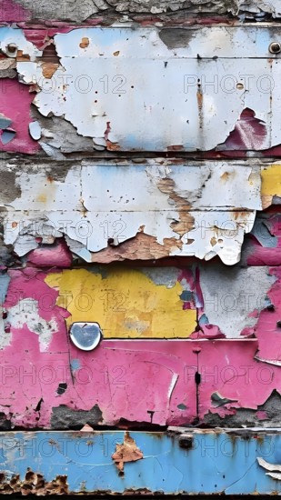 Grunge ripped torn placard posters background in white, pink, blue and yellow colors, AI generated