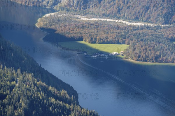 View of Königssee with pilgrimage church St. Bartholomä, from the Jenner, Berchtesgaden National