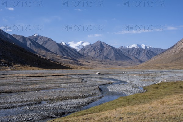 Burkhan River in Burkhan Valley, mountain landscape with glaciated peaks, Burkhan Valley, Terskey