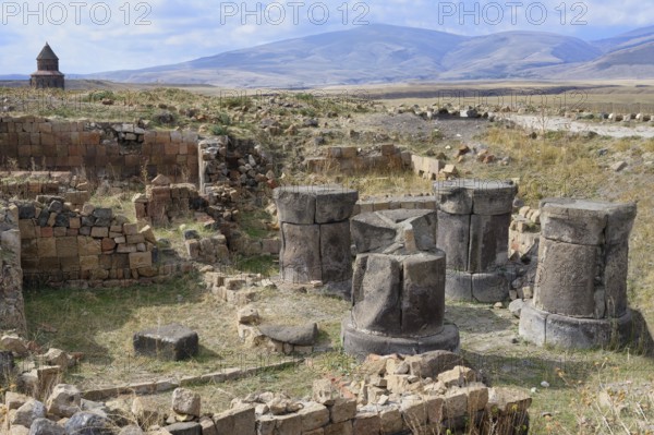 Columns of the Zoroastrian Fire temple, Ani Archaeological site, Kars, Turkey, Asia