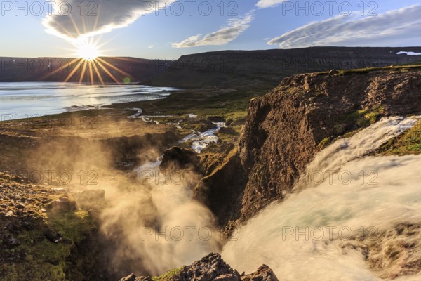 Waterfall, midnight sun, sun star, clouds, mountains, coast, Dynjandi, Westfjords, Iceland, Europe