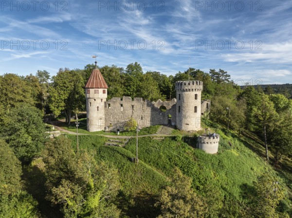 Aerial view of the Honburg castle ruins on the Honberg above the town of Tuttlingen, district of