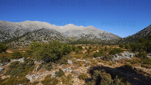 Vast mountain landscape with clear blue sky and green valley, under sunny weather, Lefka Ori, White