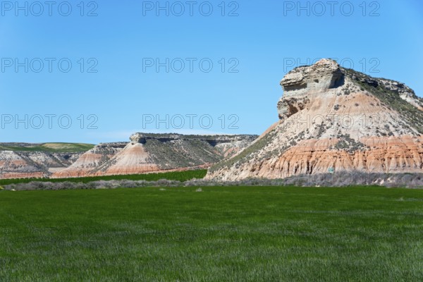 Rock formations rise out of a green meadow under a clear blue sky, Bardenas Reales Natural Park,