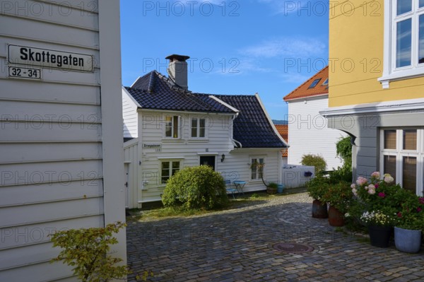 Historic town centre of Bergen, cobblestone streets surrounded by traditional half-timbered houses
