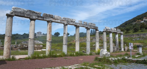 Column ruins on a green meadow in front of a partly cloudy blue sky in a historical site, Messene,