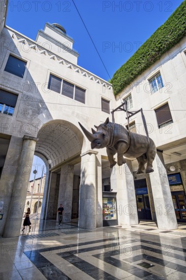 Hanging sculpture of a rhinoceros, Brescia, Lombardy, Italy, Europe