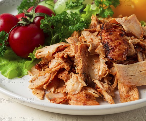 Gyros, Huhn, mit Gemüse auf Tellern, zerlegtes Schawarma, Fast Food, Vorspeise, Kochen