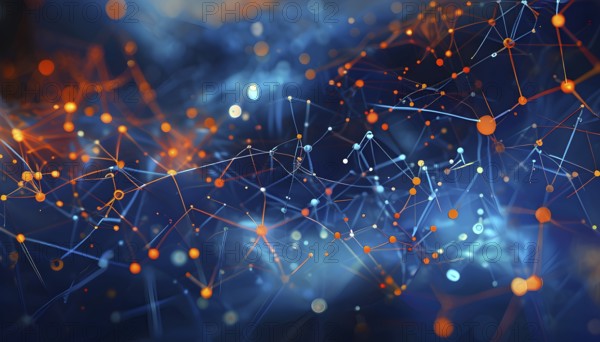 Symbol for artificial intelligence, lines, dots and pattern, vibrant blue and orange hues, abstract