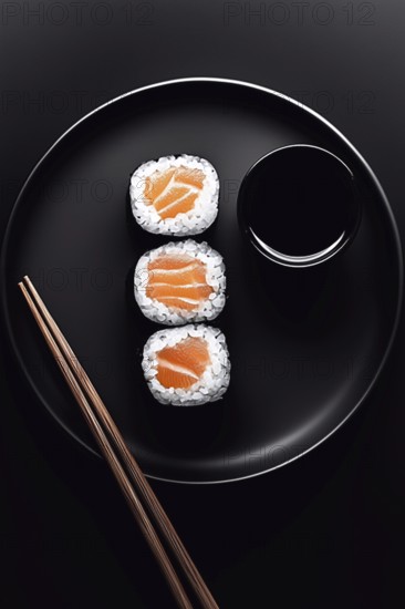 Three sushi rolls filled with fresh salmon are neatly arranged on a black plate. A small bowl of