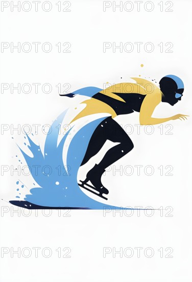 Ice speed skater illustration, depicted as a minimalist silhouette in motion in contrasting vibrant