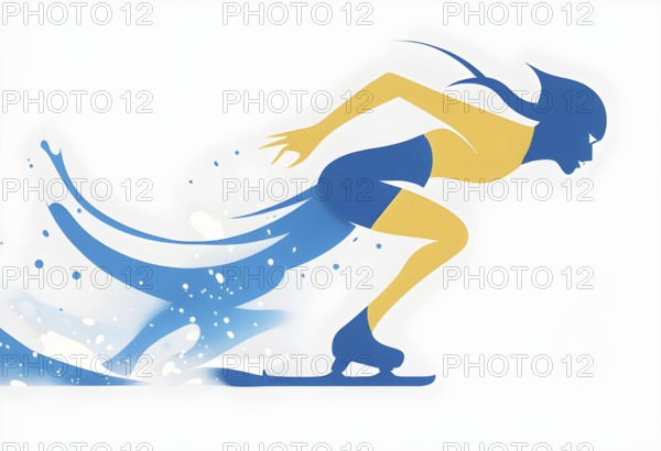 Ice speed skater illustration, depicted as a minimalist silhouette in motion in contrasting vibrant
