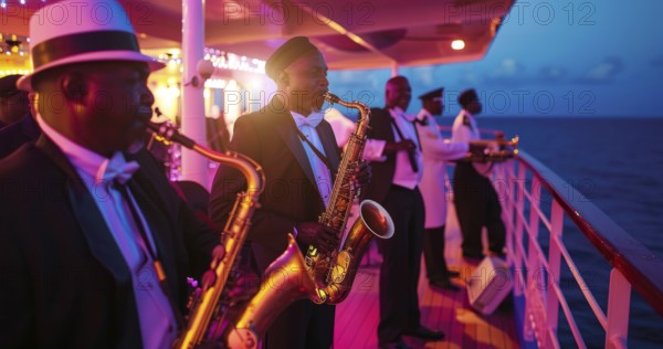 Band of musicians playing on cruise ship. Dream vacation on sailing cruise ship with entertainment,