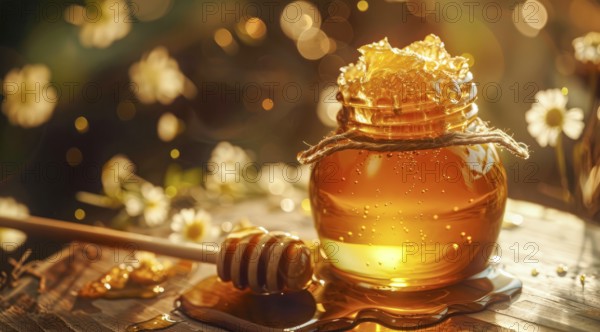 A jar of organic honey on a table next to a honeycomb, AI generated