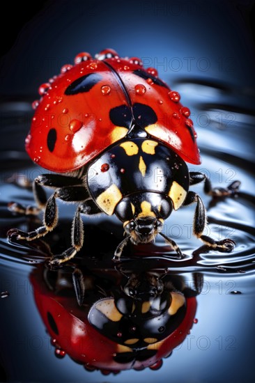 Macro of a ladybug (Coccinella septempunctata), revealing the fine texture of its bright red shell