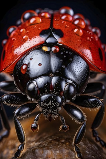 Macro of a ladybug (Coccinella septempunctata), revealing the fine texture of its bright red shell