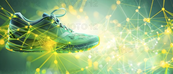 Sporting equipment, like a running shoe, breaking into pixels and data points, morphing into a