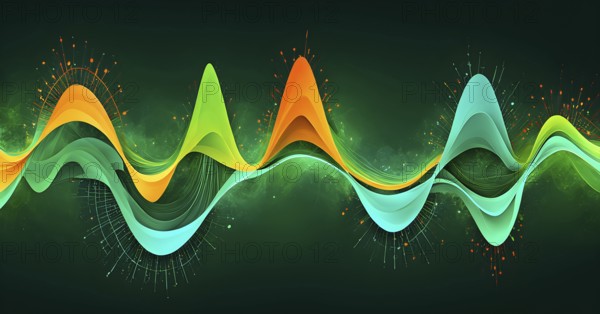 Abstract illustration of digital wave forms and circuits converging to form abstract symbols of