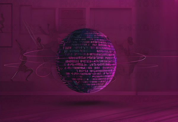 Illustration of an abstract, vibrant magenta colored rotating digital sphere with patterns