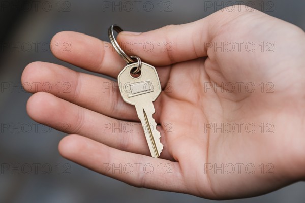 Person's hand holding single house key. Generative AI, AI generated