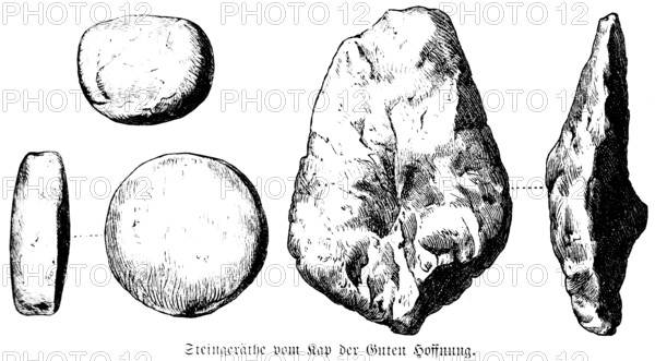 Unpolished stone tools from the Cape of Good Hope, so-called thunderbolts, used as hammers, chisels