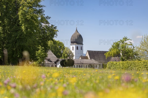 Frauenwörth bell tower, Fraueninsel, Chiemsee, Bavaria, Germany, Europe