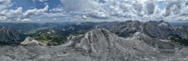 Alpine panorama, aerial view, 360° view from the Alpspitze, high mountains, Bavaria, Germany,