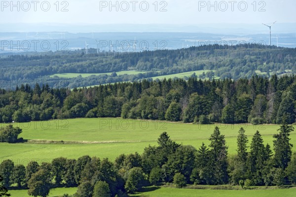 View of the Upper Nidda Valley, forests, fields and wind turbines, wind turbines, viewpoint from