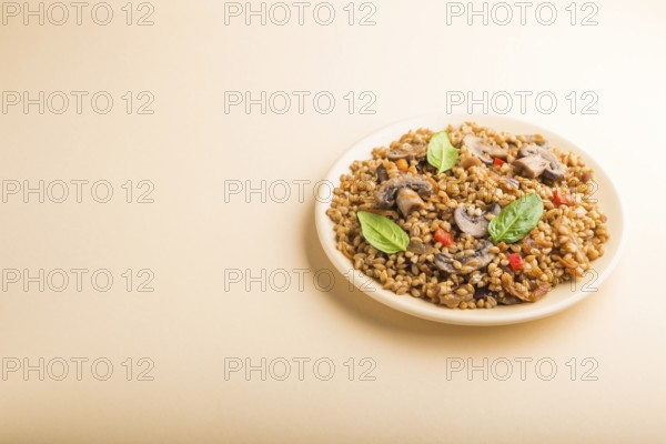 Spelt (dinkel wheat) porridge with vegetables and mushrooms on ceramic plate on orange background.