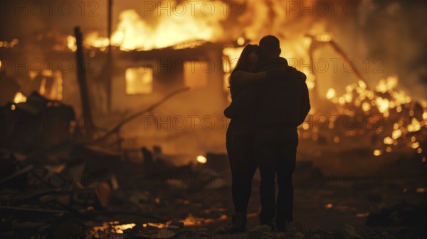 Couple embracing standing stunned gazing at the fire ruins of their home. generative AI, AI