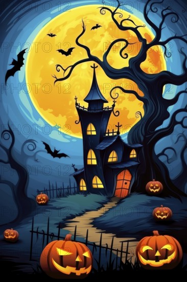 Year 60s and 70s Halloween poster with pumpkin and a fairy tale house under full moon, Bats Flying