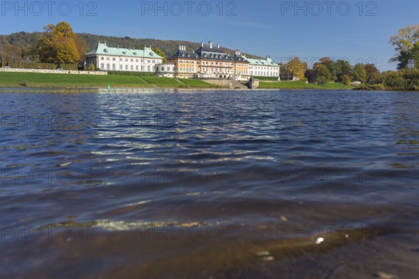 Pillnitz Palace, Water Palace seen across the Elbe, Dresden, Saxony, Germany, Europe