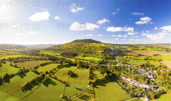 Eastern view of the Pöhlberg with the village of Geyersdorf from the air, Erzgebirge, Saxony,