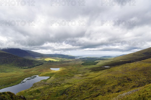 View from Connor Pass, also Conor Pass, to Brandon Bay, coastline, Dingle Peninsula, County Kerry,
