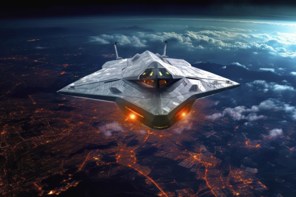 Futuristic cosmic spaceship flying over the Earth, AI generated