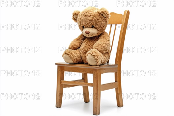Sad teddy bear toy sitting on wooden chair on white background. Generative Ai, AI generated