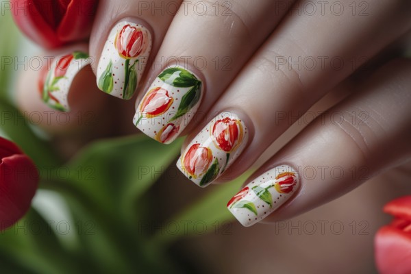 Woman's hand with beautiful spring themed nail art design with red tulip flowers . Generative AI,
