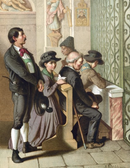 Traditional costumes in Germany around 1820, Tyrol, upper Inn Valley, group of people in